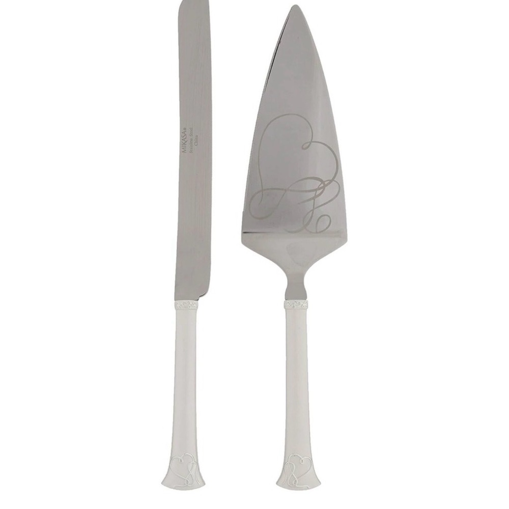 Mikasa Love Story Silver Cake Knife and Server Set and 2 Crystal Flutes